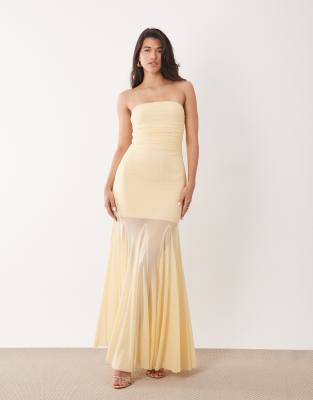 Aria Cove liquid chiffon bandeau ruched detail sheer hem maxi dress in lemon