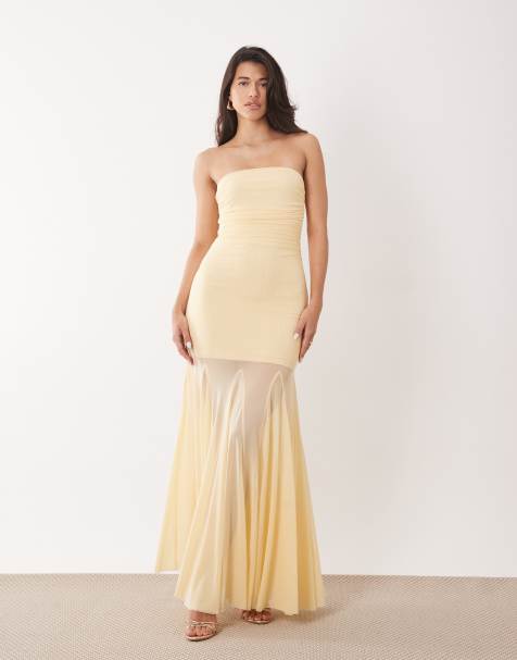 Aria Cove liquid chiffon bandeau ruched detail sheer hem maxi dress in lemon - view 1