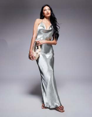 Aria Cove Aria Cove liquid satin cowl halterneck low back maxi dress in silver-Pink