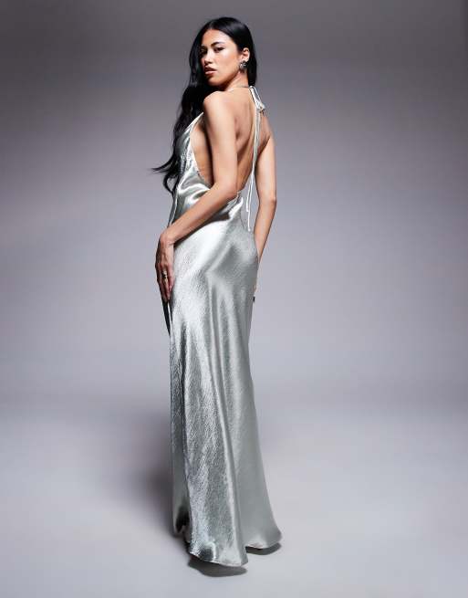 Aria Cove liquid satin cowl halterneck low back maxi dress in silver, 3 of 4