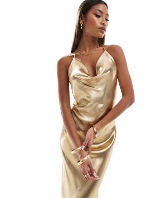Aria Cove Liquid Satin Cowl Neck Low Back Maxi Dress In Gold