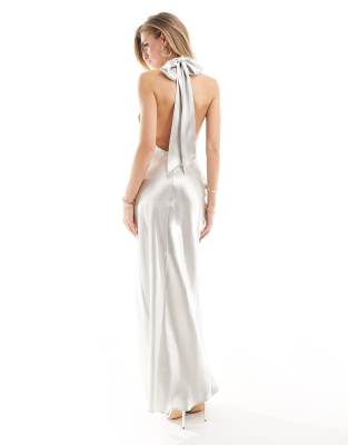 Aria Cove liquid satin halterneck thigh split maxi dress in silver