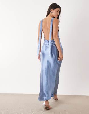 Aria Cove Liquid Satin High Cowl Neck Maxi Dress In Blue