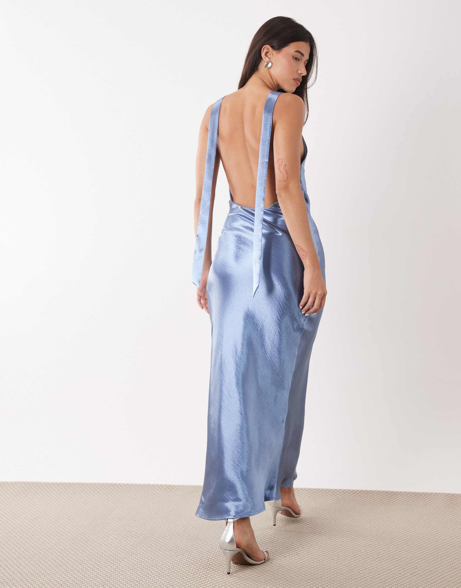 aria cove liquid satin high cowl neck maxi dress in blue