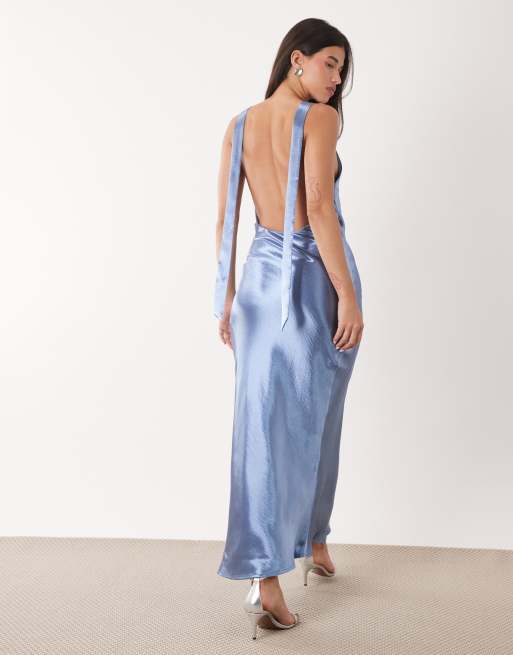 Aria Cove liquid satin high cowl neck maxi dress in blue, 2 of 5