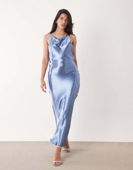 Aria Cove liquid satin high cowl neck maxi dress in blue, 3 of 5