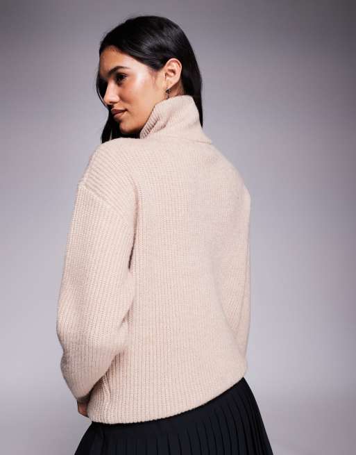 Aria Cove - Maglione color avena a coste con collo a imbuto e zip corta, 4 di 4