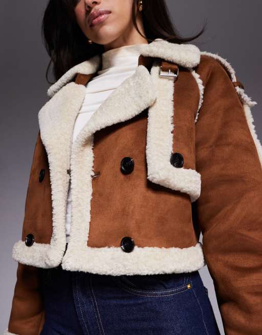Aria Cove - Manteau long 2-en-1 en imitation daim avec bords en shearling - Marron, 3 de 4