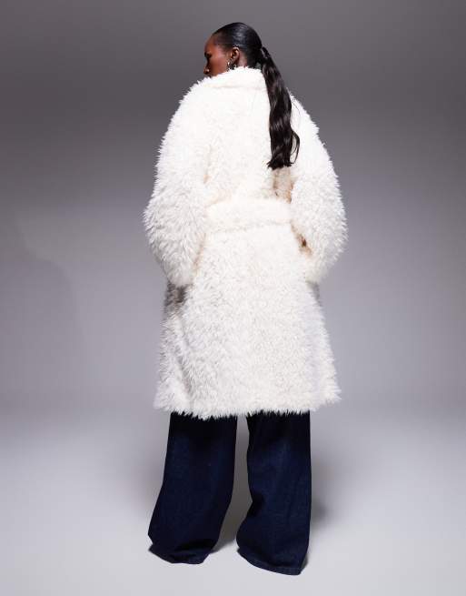 Aria Cove - Manteau long ceinturé oversize duveteux - Crème, 2 de 4