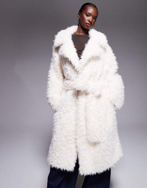 Aria Cove - Manteau long ceinturé oversize duveteux - Crème, 3 de 4