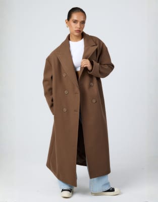 Aria Cove - Manteau long et élégant en aspect laine avec double boutonnage - Marron-Brown