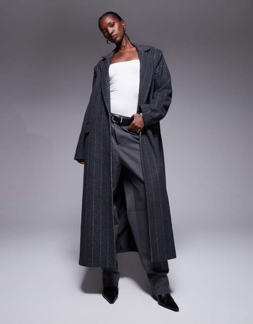 Aria Cove - Manteau long habillé oversize avec col et fines rayures - Anthracite