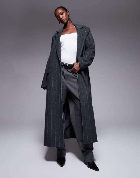 Aria Cove - Manteau long habillé oversize en laine mélangée avec col et rayures fines - Anthracite - view 1