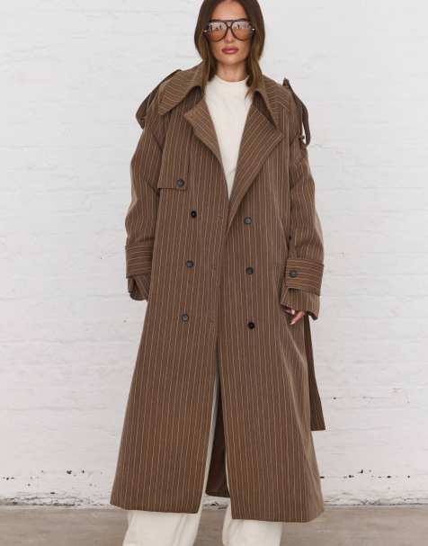 Aria Cove manteau trench maxi oversize à revers avec ceinture, à rayures fines marron - view 1