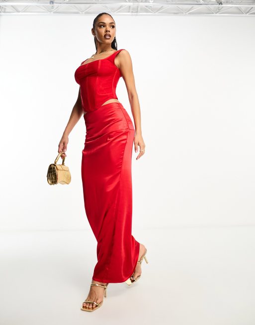 red bodycon fishtail dress Sheer Luck Marlee Beaded-Chain Ribbon-Accent Bodycon Fishtail Dress (Red) M