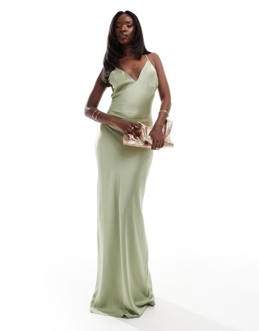 Aria Cove – Maxi-Trägerkleid aus Satin in Salbeigrün