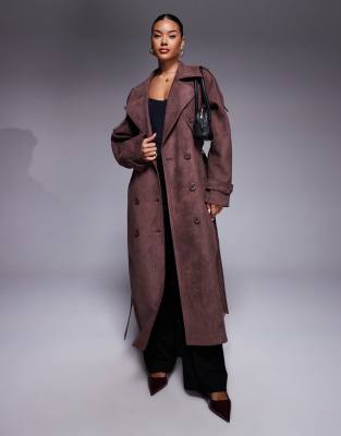 Aria Cove - Maxi-Trenchcoat aus Wildlederimitat in Schokobraun mit Gürtel-Brown