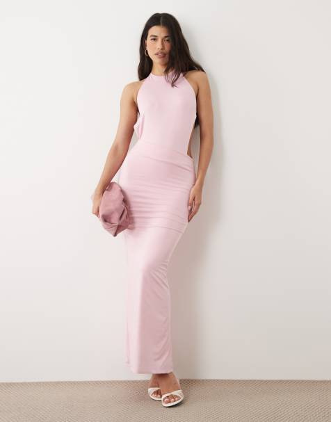 Aria Cove Maxikleid mit doppelter Lage, hohem Kragen und Rückenausschnitt in Pink - view 1