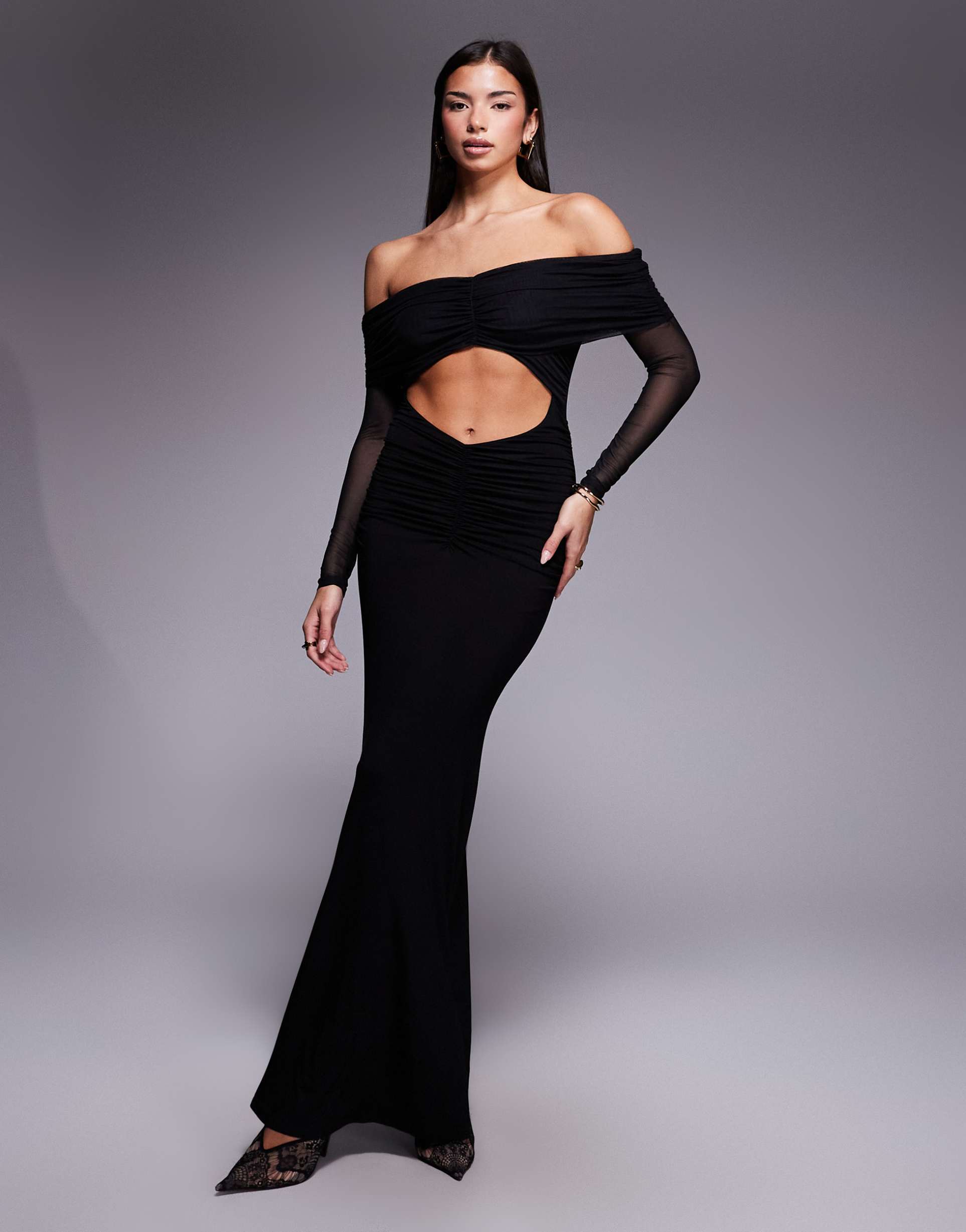 aria cove mesh bandeau cut out maxi dress in black