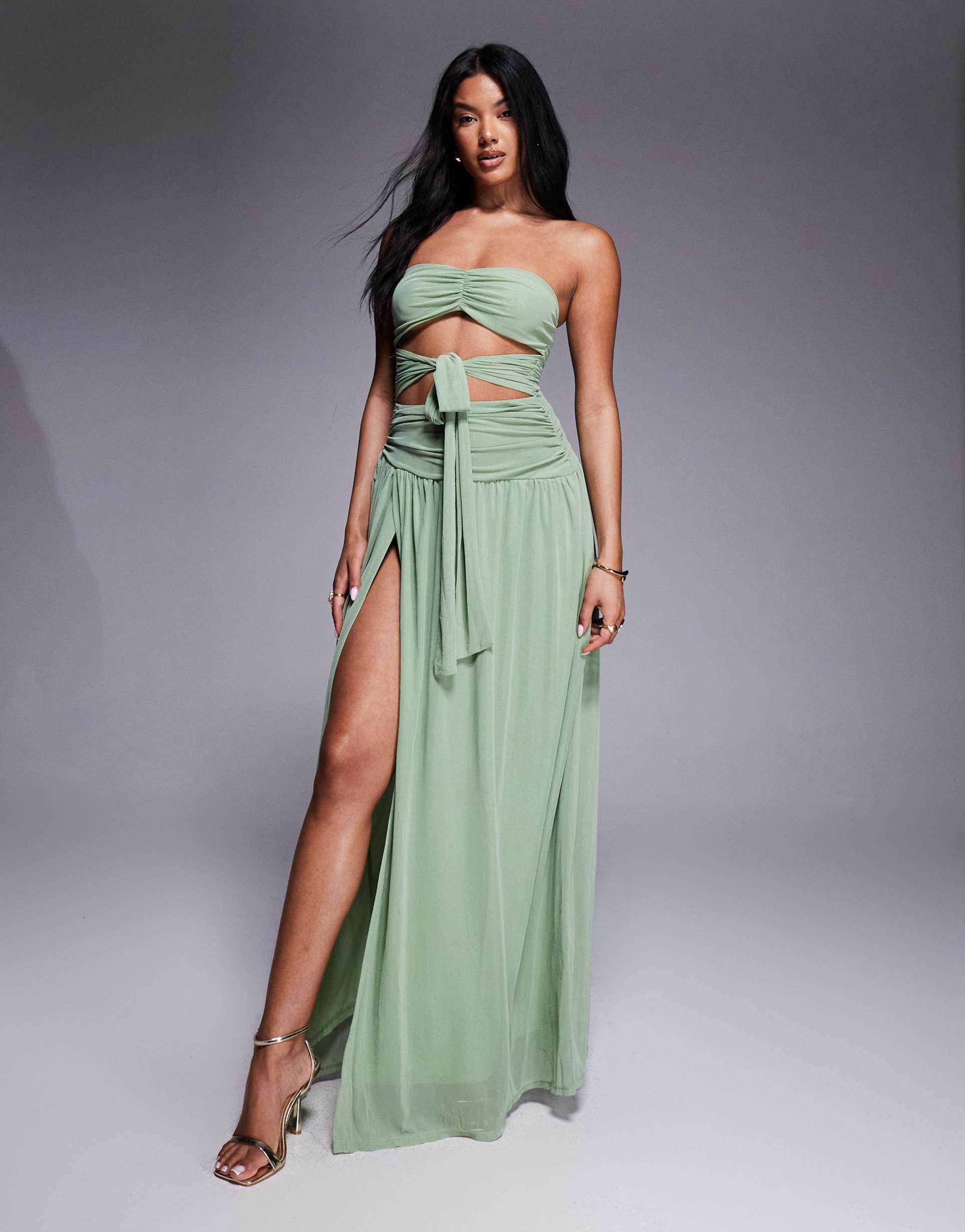 aria cove mesh bandeau cut out tie waist thigh slit maxi dress in sage