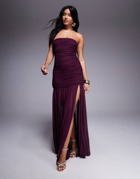 Aria Cove mesh bandeau ruched side sheer skirt detail side slit maxi dress in wine - view 1