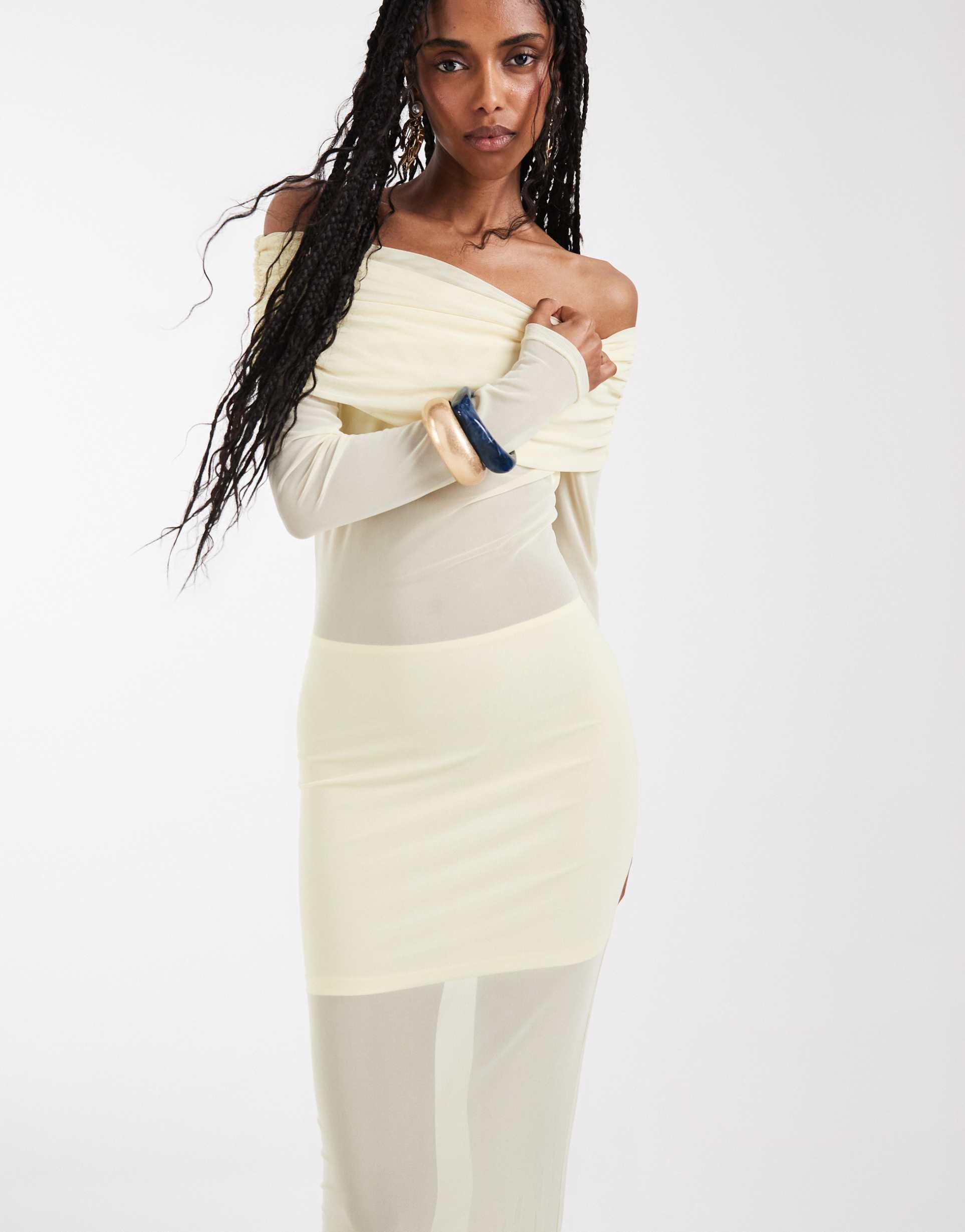 aria cove mesh bardot long sleeve exposed panel & sheer hem maxi dress in yellow
