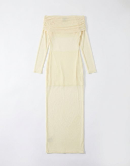 Aria Cove mesh bardot long sleeve exposed panel & sheer hem maxi dress in yellow, 6 of 8