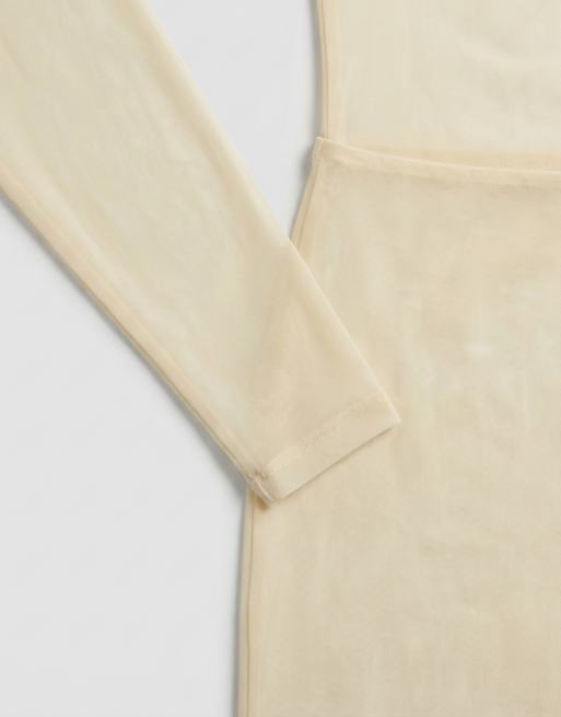 Aria Cove mesh bardot long sleeve exposed panel & sheer hem maxi dress in yellow, 7 of 8