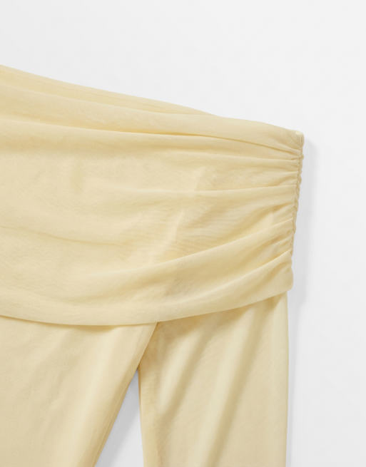 Aria Cove mesh bardot long sleeve exposed panel & sheer hem maxi dress in yellow, 8 of 8