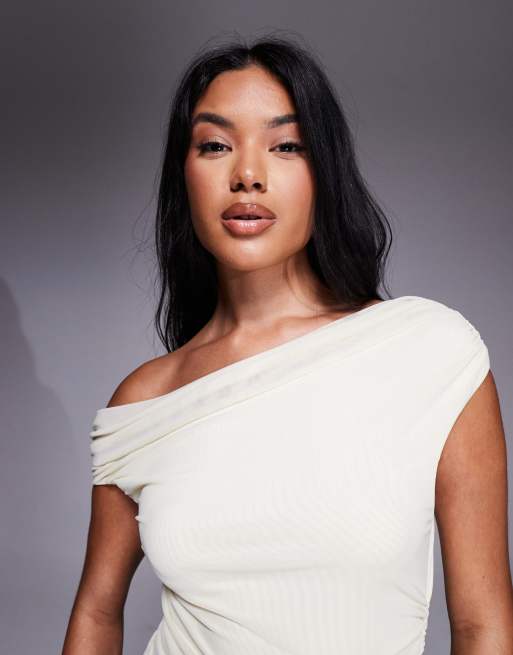 Aria Cove mesh drape detail off shoulder ruffle skirt mini dress in cream