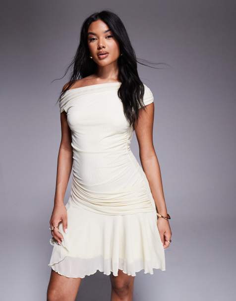 Aria Cove mesh drape detail off the shoulder ruffle skirt mini dress in cream - view 1