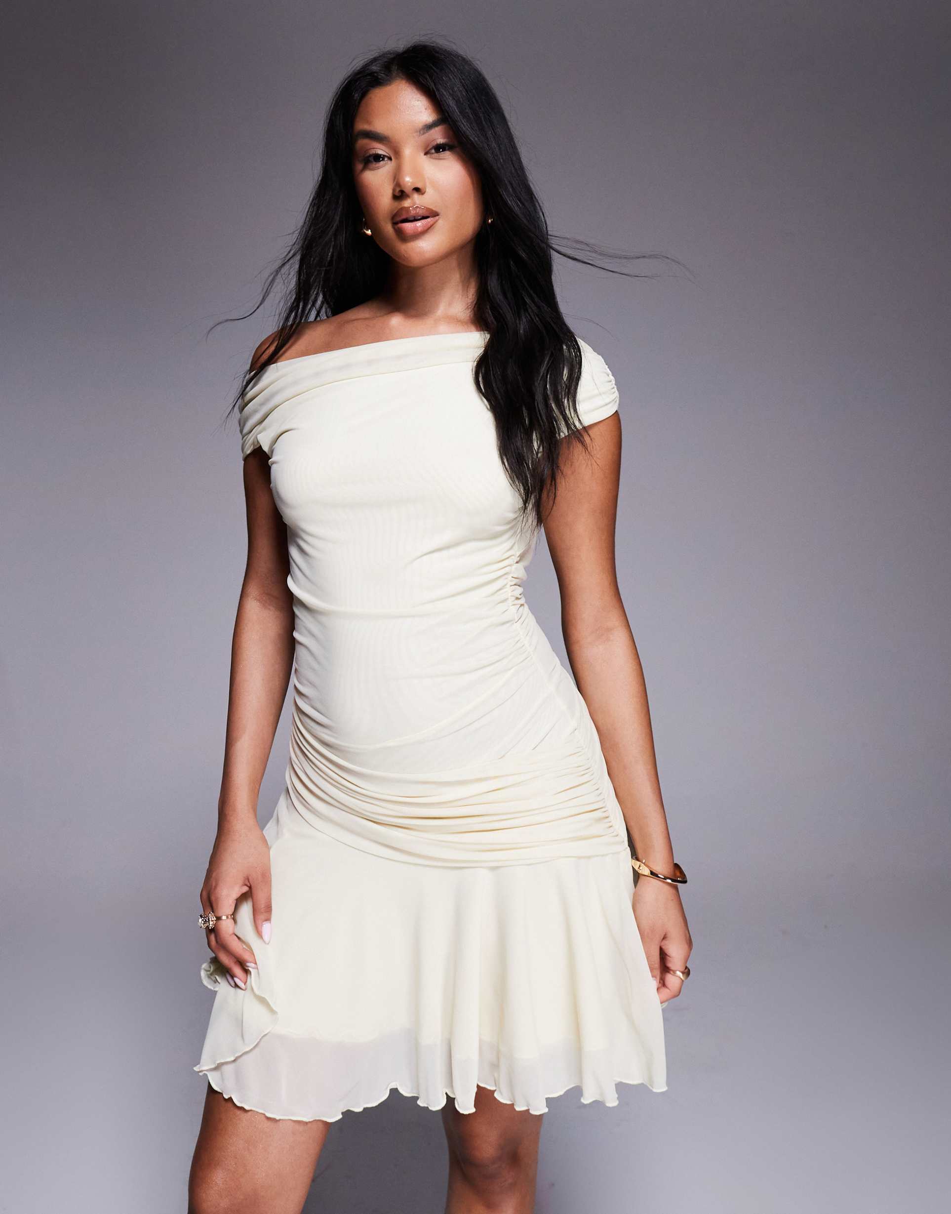 aria cove mesh drape detail off the shoulder ruffle skirt mini dress in cream