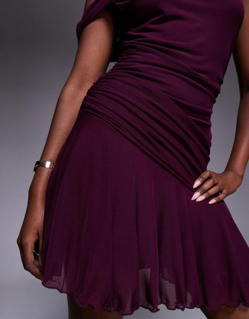 Aria Cove mesh drape off shoulder ruffle hem mini dress in plum, 3 of 4