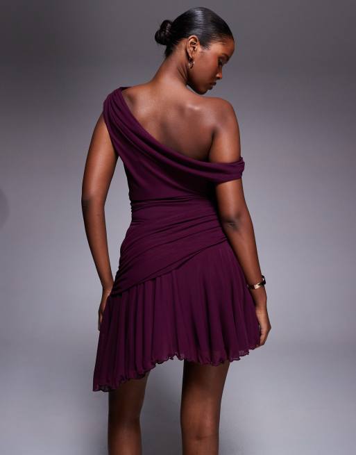 Aria Cove mesh drape off shoulder ruffle hem mini dress in plum, 4 of 4