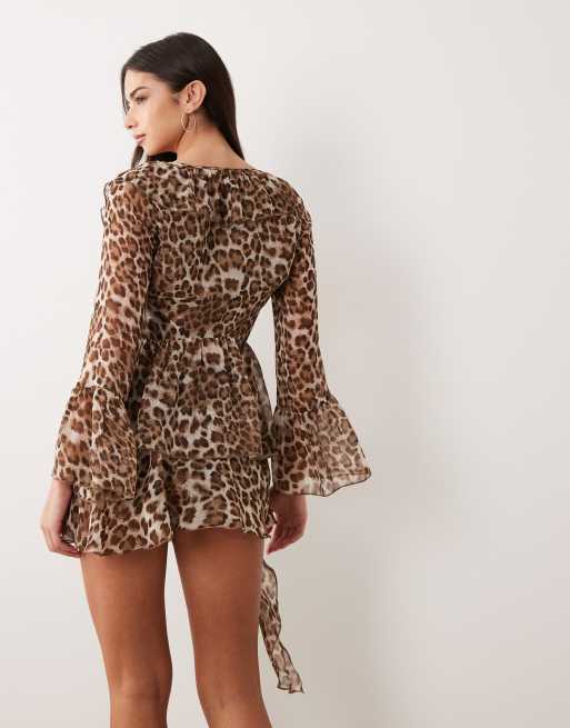 Aria Cove mesh frill wrap plunge flare sleeve top co-ord in leopard print |  ASOS