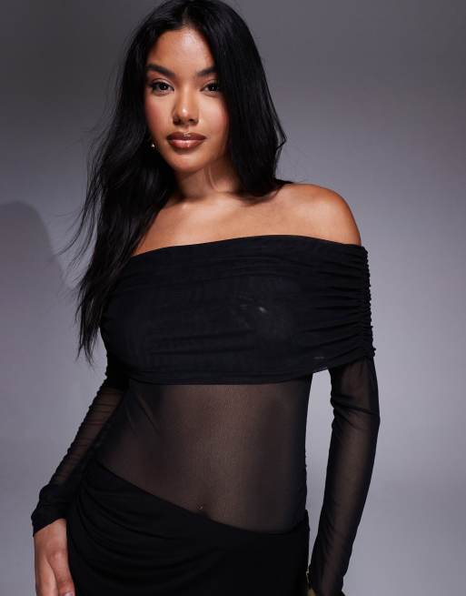 Aria Cove Mesh Off The Shoulder Cut Out Sides Maxi Dress in Black