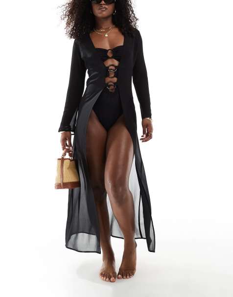Aria Cove mesh ring detail maxi beach kimono co-ord in black - view 1