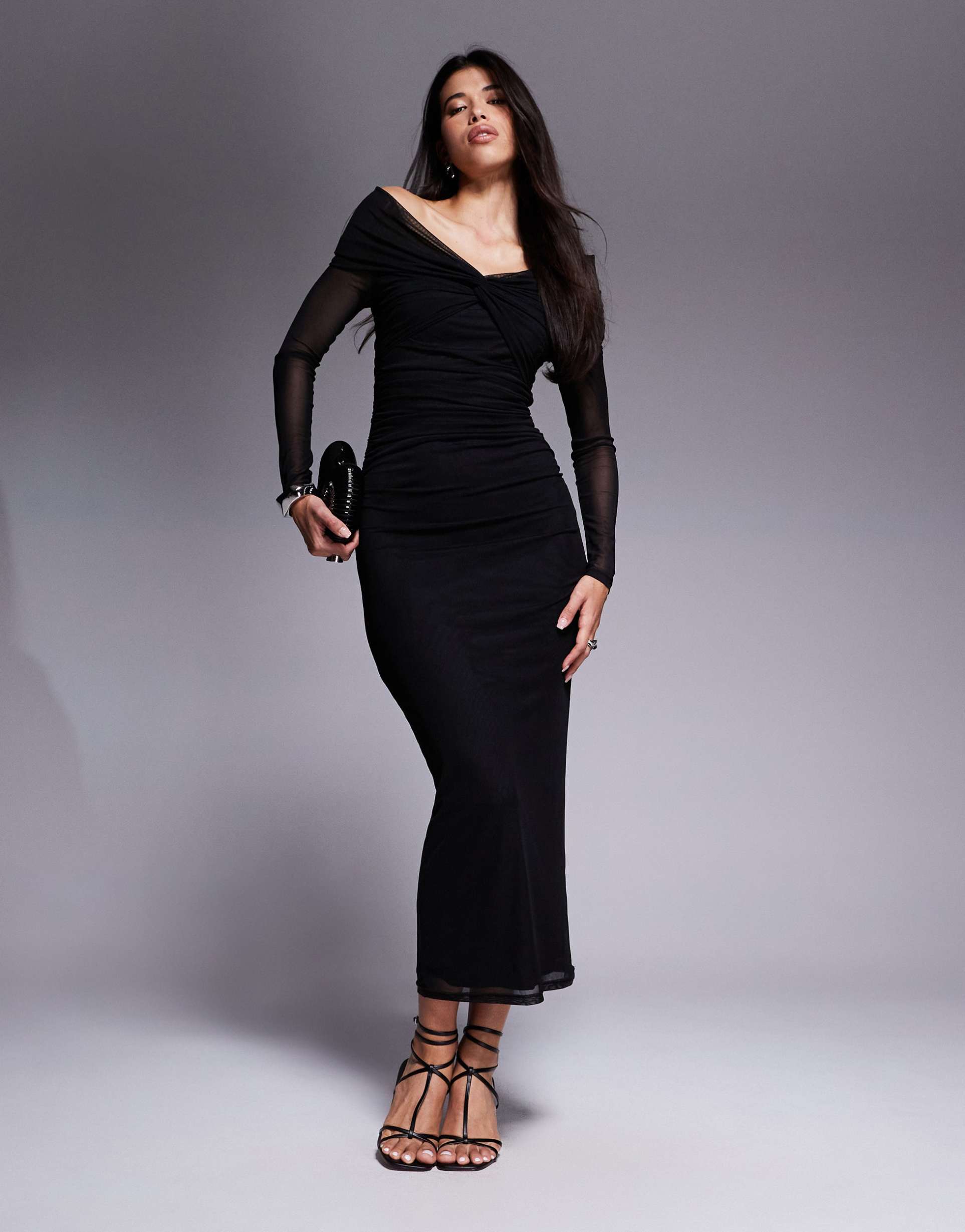 aria cove mesh twist front bardot long sleeve maxi dress in black