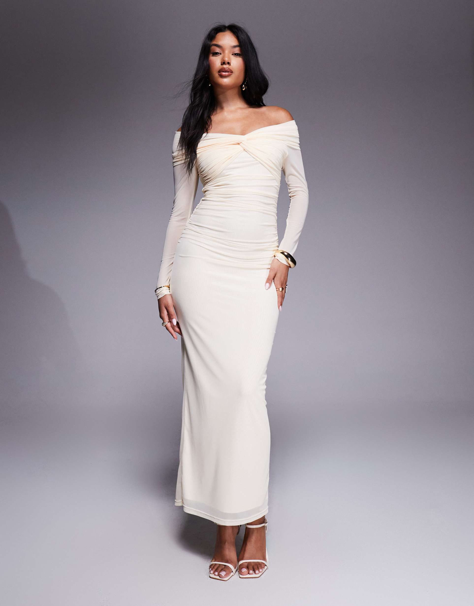 aria cove mesh twist front off the shoulder midaxi dress in cream