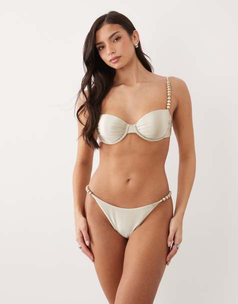Aria Cove metallic bead strap balconette bikini top and bikini bottoms set in cream - view 1