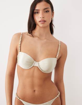 Aria Cove Metallic Bead Strap Balconette Bikini Top In White