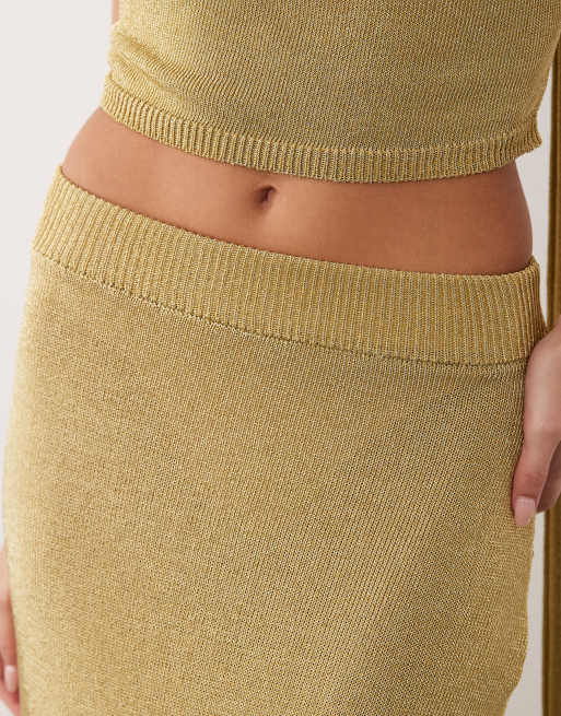 Aria Cove - Metallic gebreide maxi rok met dijsplit in goud, deel van co-ord set, 4 van 6