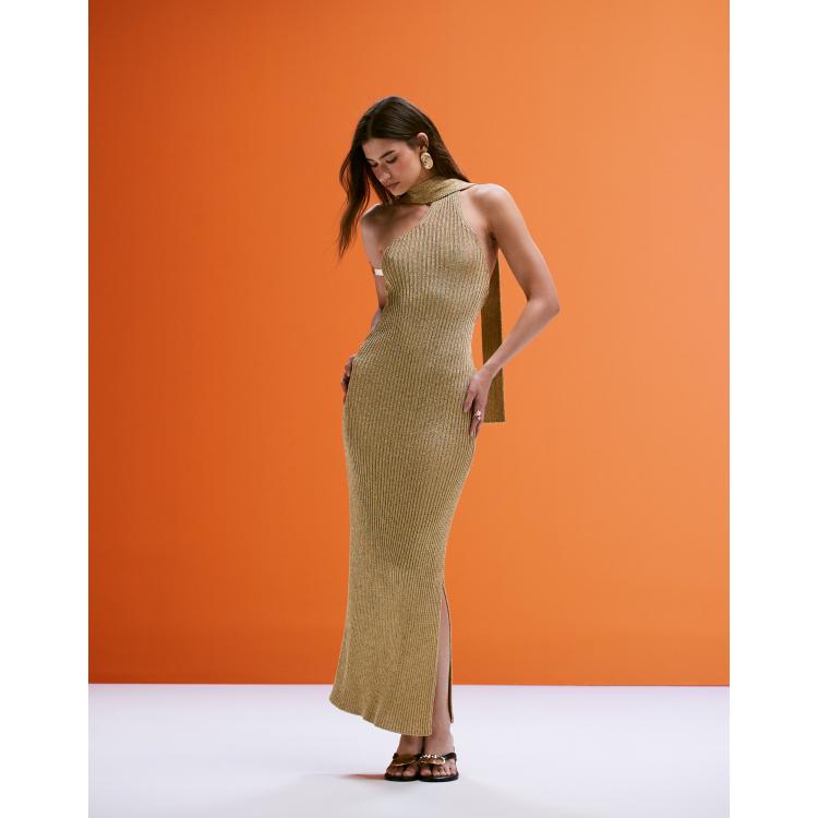 Aria Cove metallic knit halterneck scarf detail side slit