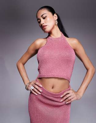 metallic knit halterneck top in pink - part of a set