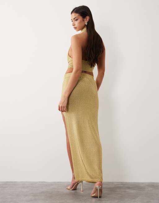 Aria Cove metallic knit thigh split maxi skirt co-ord in gold, 5 of 6