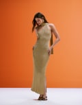 [Aria Cove] Aria Cove metallic knitted halterneck scarf detail side split maxi beach dress in gold 16 GOLD