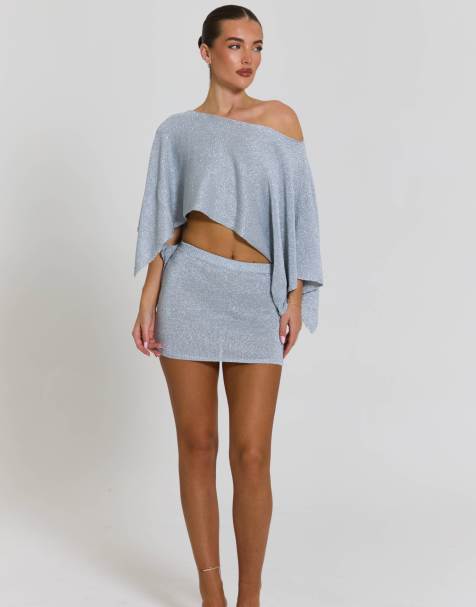 Aria Cove minigonna coordinata in maglia glitter argento - view 1