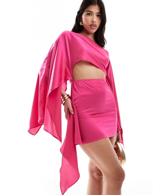 Aria Cove – Minikleid aus Satin in Rosa mit Kimonoärmeln, Zierausschnitten und Bindeband vorn