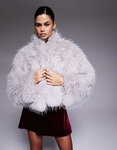 Aria Cove mongolian faux fur wide sleeve cropped jacket in grey - view 1