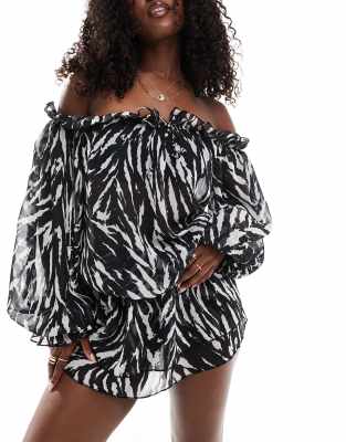 Aria Cove Aria Cove off shoulder ruffle beach dress in zebra-Multi